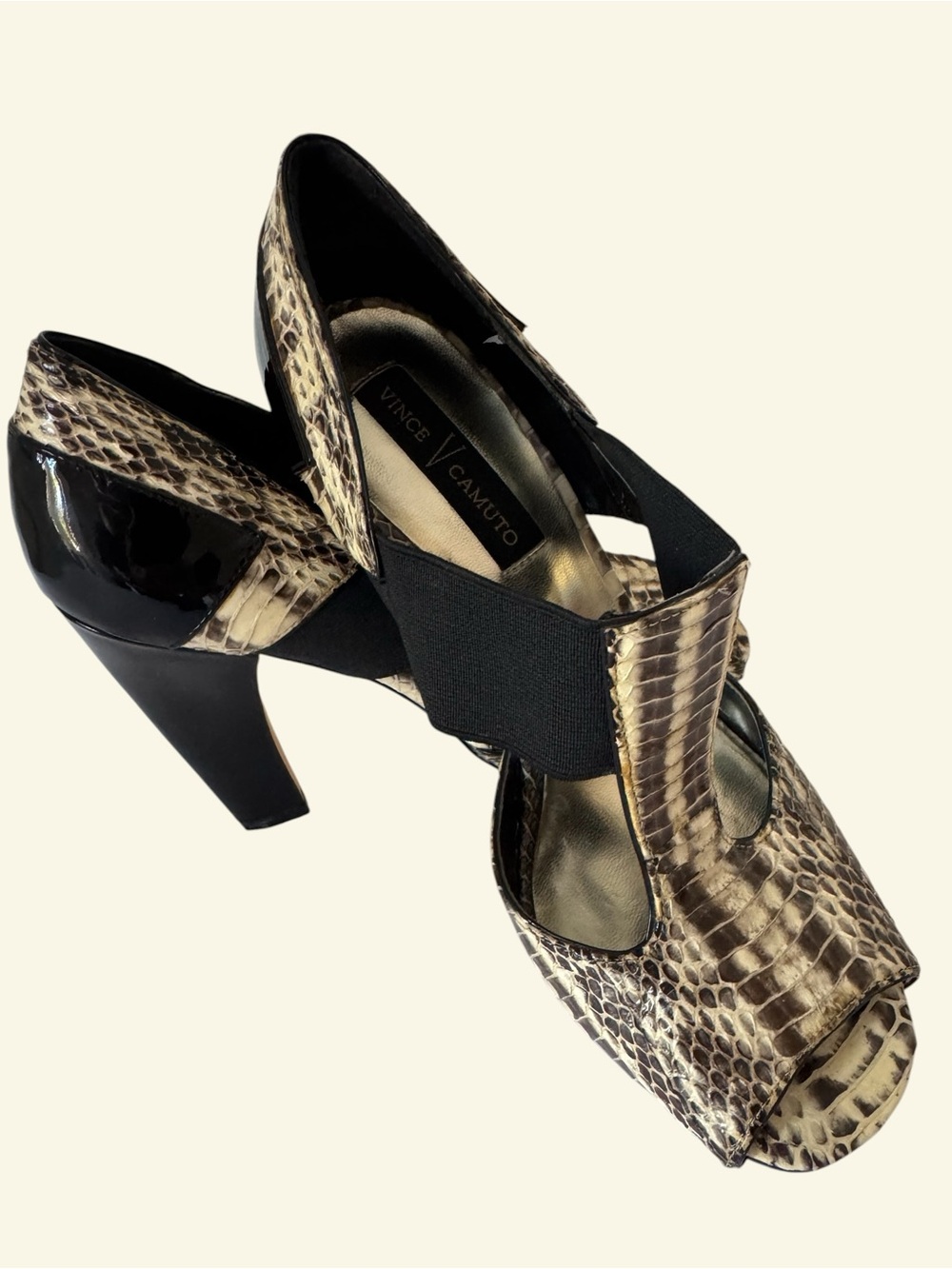Vince Camuto Snake-Print Peep-Toe Heels with Black Elastic and Patent Trim